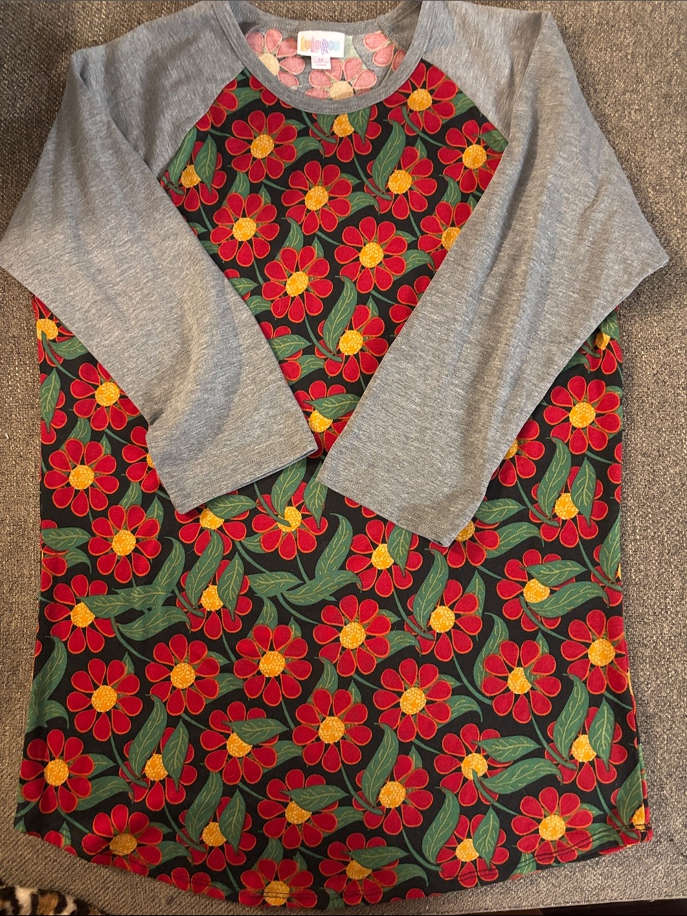 LuLaRoe Long Sleeve Raglan Top - Red, Yellow, Green, Gray